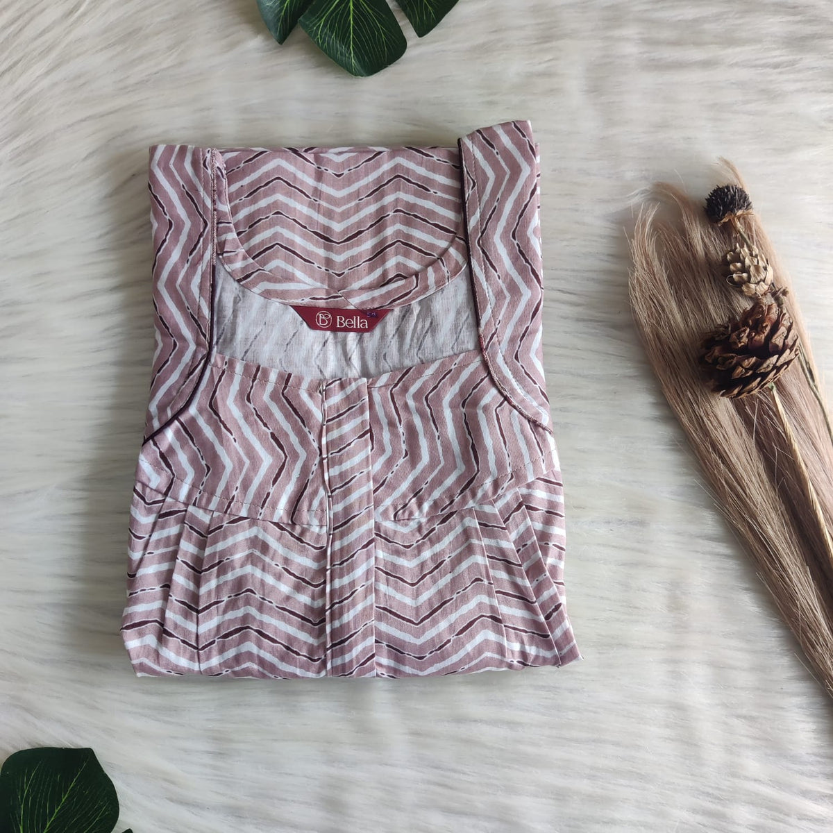 Pastel Brown Printed Premium Cotton Pleated Zip Nighty | Free Size | Chest Width 44″| Length 54″-55″