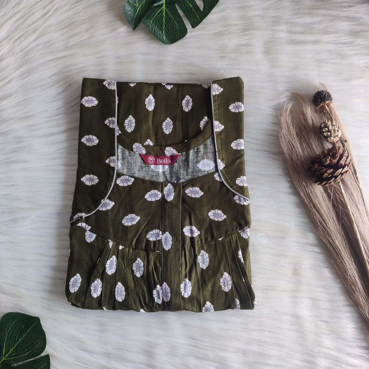 Olive Green Printed Premium Cotton Pleated Zip Nighty | Free Size | Chest Width 44″| Length 54″-55″