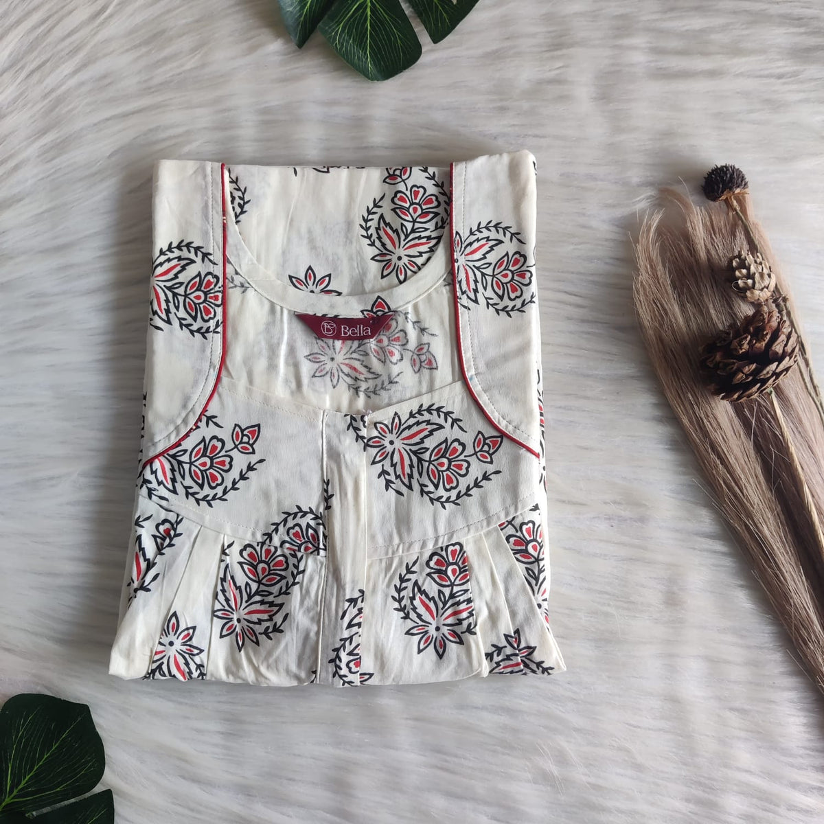 Ivory Floral Printed Premium Cotton Pleated Zip Nighty | Free Size | Chest Width 44″| Length 54″-55″