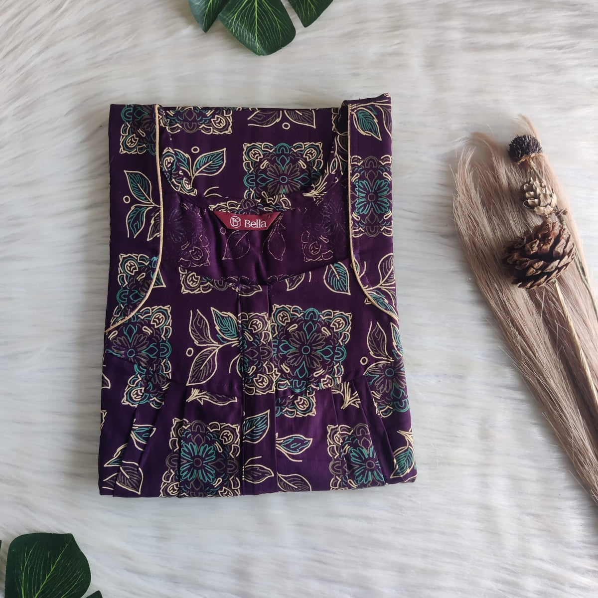 Wine Floral Printed Discharge Cotton Pleated Zip Nighty | Chest Width 44″ | Length 54″-55″