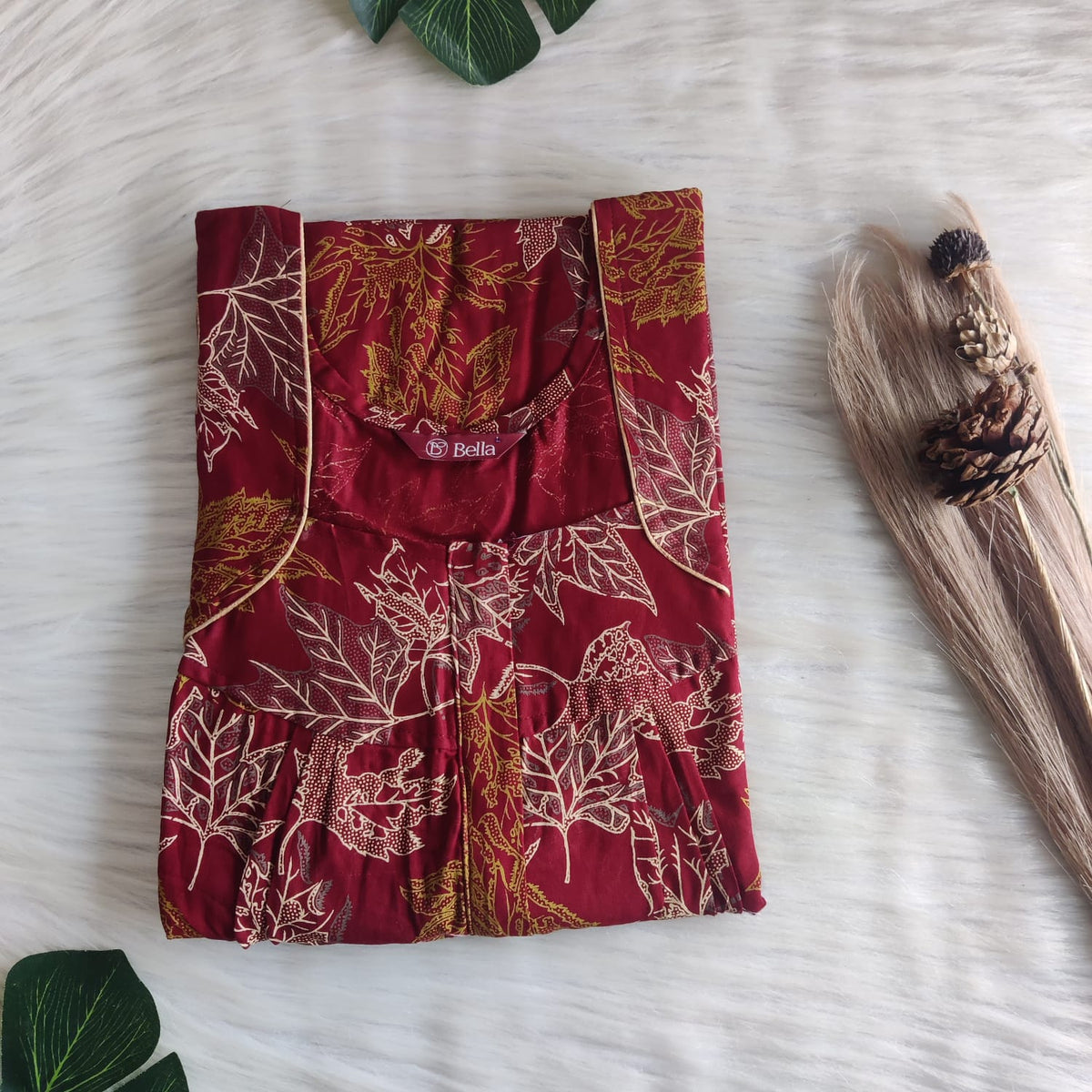 Maroon Leaf Printed Discharge Cotton Pleated Zip Nighty | Chest Width 44″ | Length 54″-55″