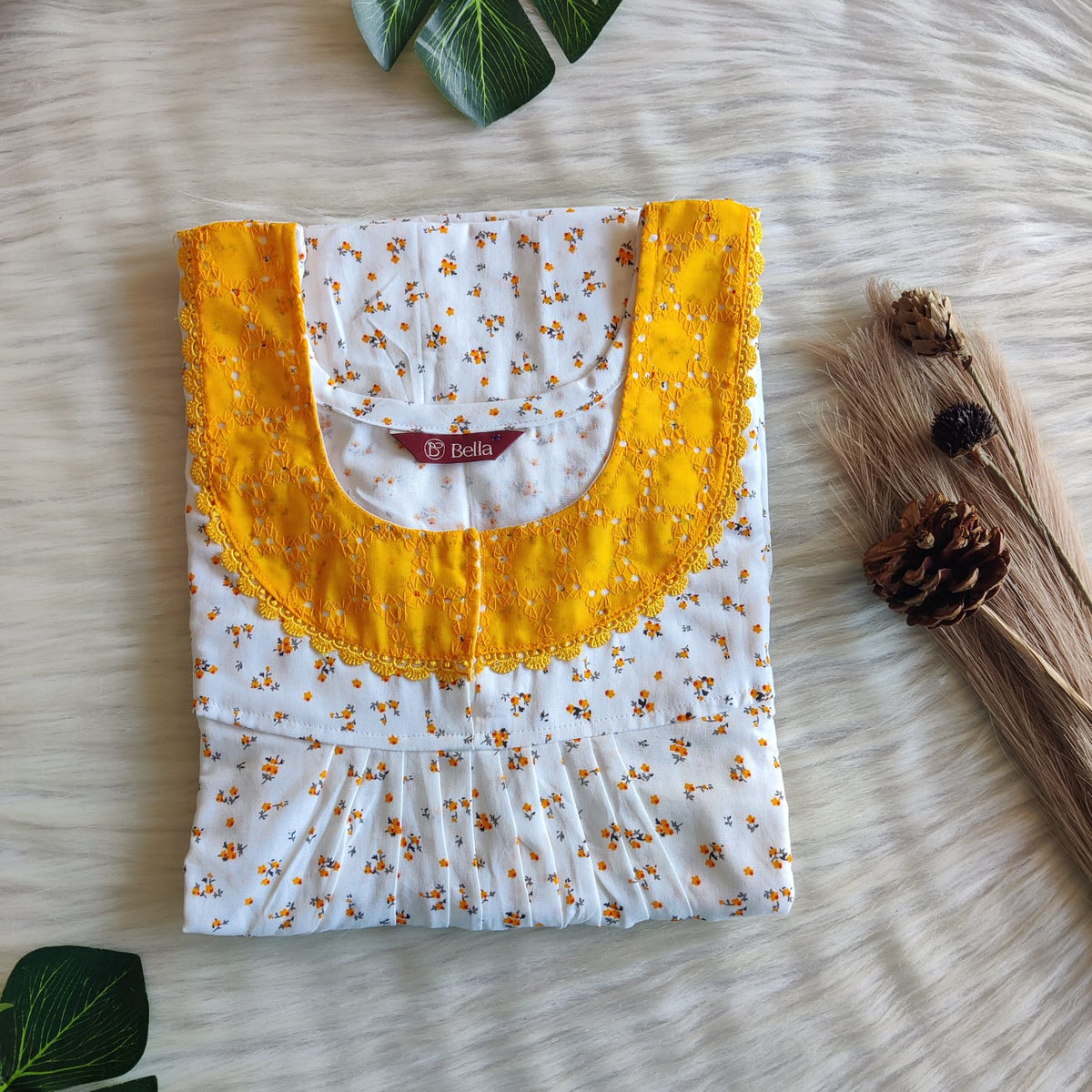 Yellow Floral Printed White Premium Cotton Hakoba Lace Nighty | Free Size | Chest Width 44″| Length 54″-56″