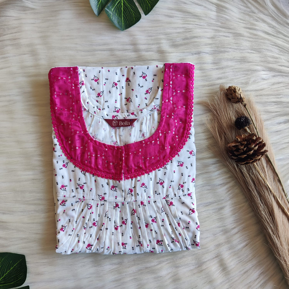 Pink Floral Printed White Premium Cotton Hakoba Lace Nighty | Free Size | Chest Width 44″| Length 54″-56″