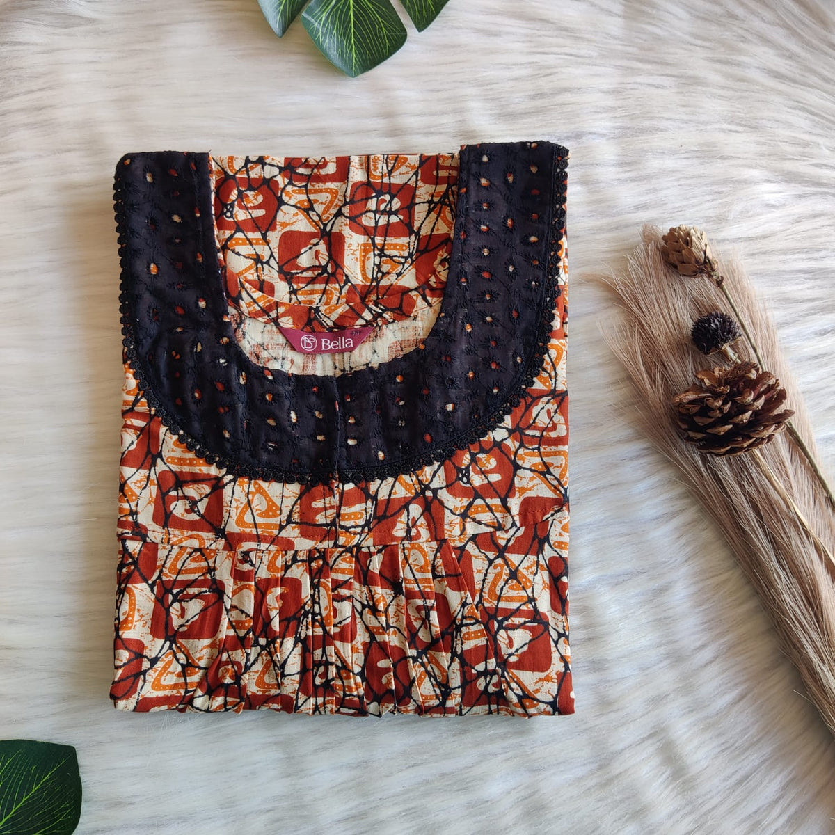 Cream Printed Brown Premium Cotton Hakoba Lace Nighty | Free Size | Chest Width 44″| Length 54″-56″