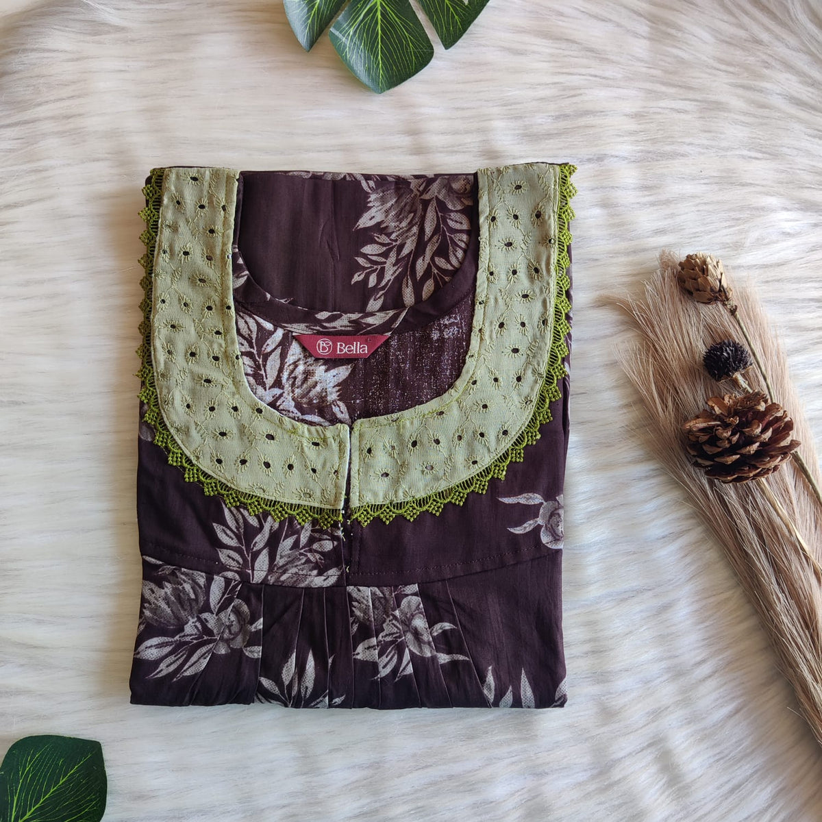 Coffee Brown Floral Printed Premium Cotton Hakoba Lace Nighty | Free Size | Chest Width 44″| Length 54″-56″