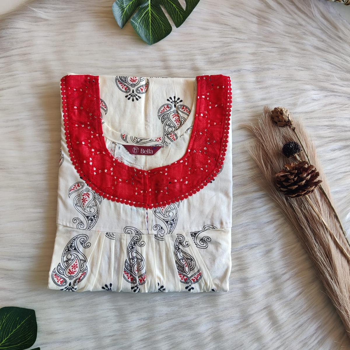 Ivory Printed Premium Cotton Hakoba Lace Nighty | Free Size | Chest Width 44″| Length 54″-56″
