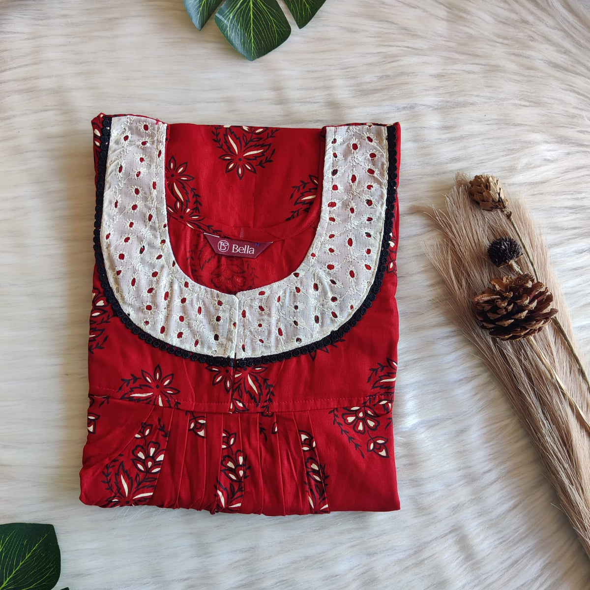 Red Floral Printed Premium Cotton Hakoba Lace Nighty | Free Size | Chest Width 44″| Length 54″-56″