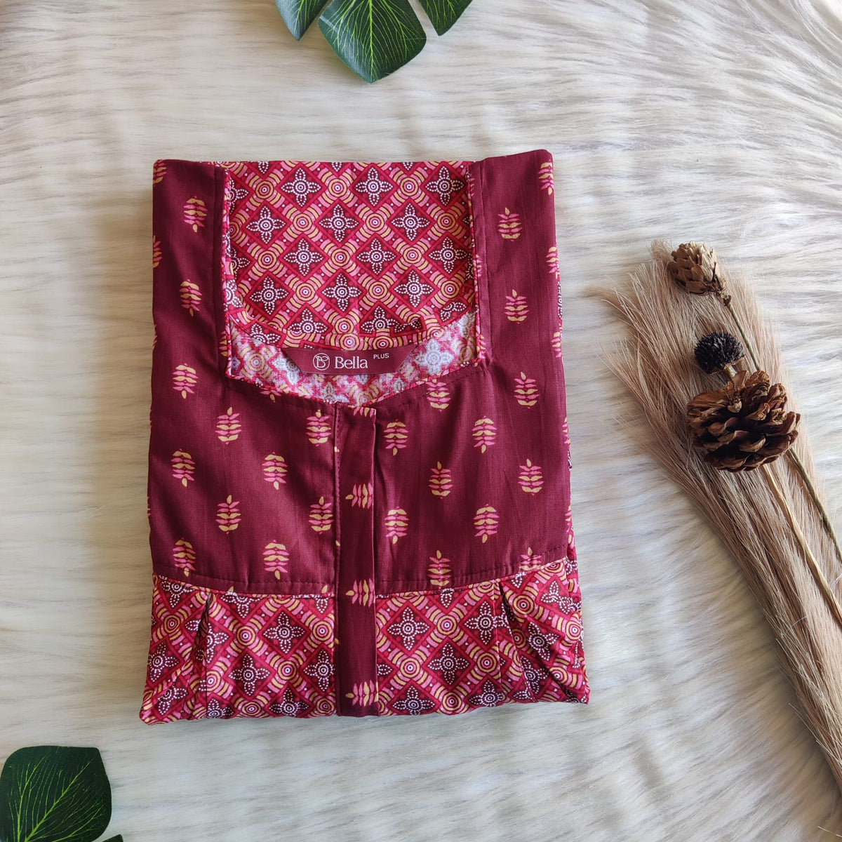 Maroon And Cream Printed Premium Cotton Plus Size Pleated Vertical Zip Feeding Nighty | Chest Width 50″| Length 56″
