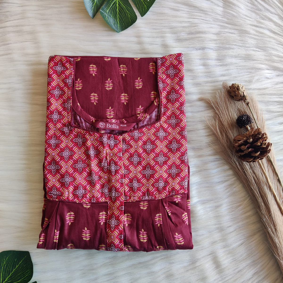 Cream And Maroon Printed Premium Cotton Plus Size Pleated Vertical Zip Feeding Nighty | Chest Width 50″| Length 56″