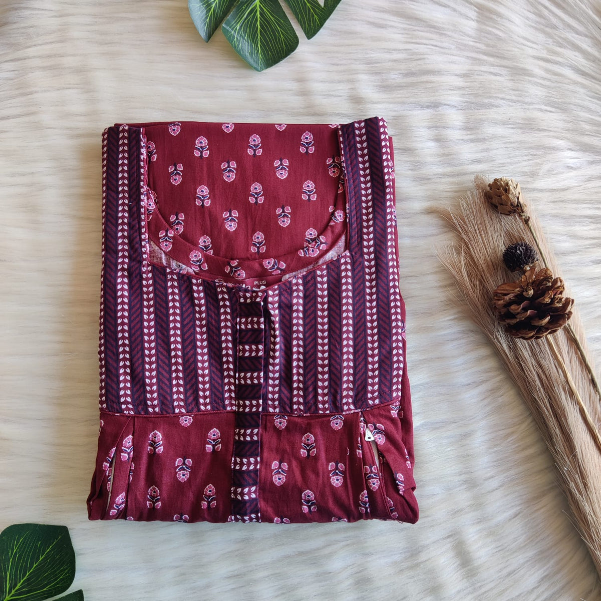 Navy Blue And Maroon Printed Premium Cotton Plus Size Pleated Vertical Zip Feeding Nighty | Chest Width 50″| Length 56″