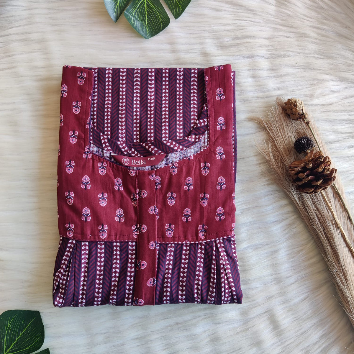Maroon And Navy Blue Printed Premium Cotton Plus Size Pleated Vertical Zip Feeding Nighty | Chest Width 50″| Length 56″