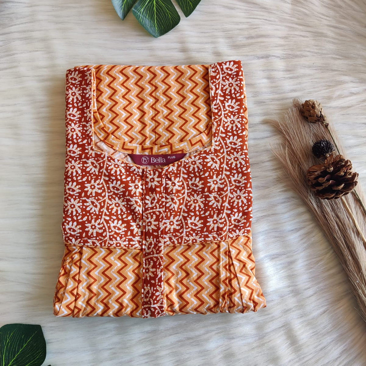 Brown And Orange Zigzag Printed Premium Cotton Plus Size Pleated Vertical Zip Feeding Nighty | Chest Width 50″| Length 56″