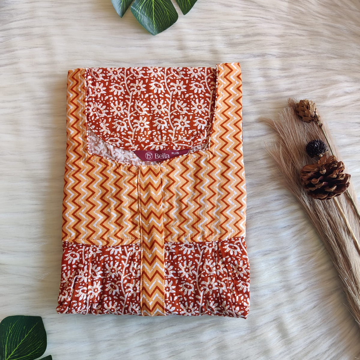 Orange And Brown Printed Premium Cotton Plus Size Pleated Vertical Zip Feeding Nighty | Chest Width 50″| Length 56″