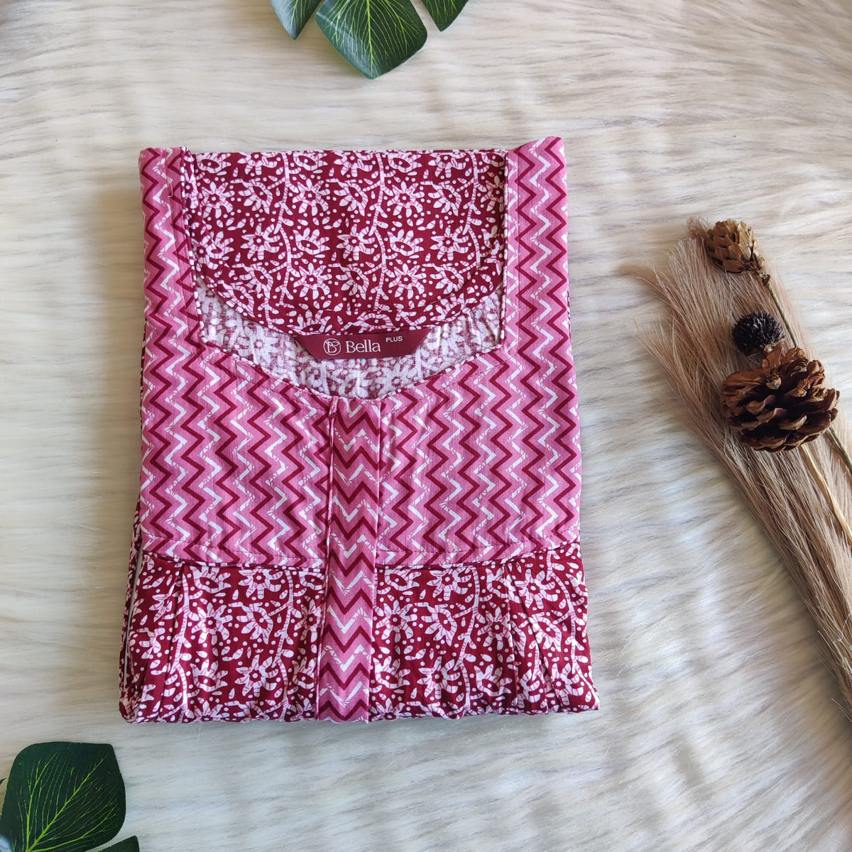 Pink And Maroon Printed Premium Cotton Plus Size Pleated Vertical Zip Feeding Nighty | Chest Width 50″| Length 56″