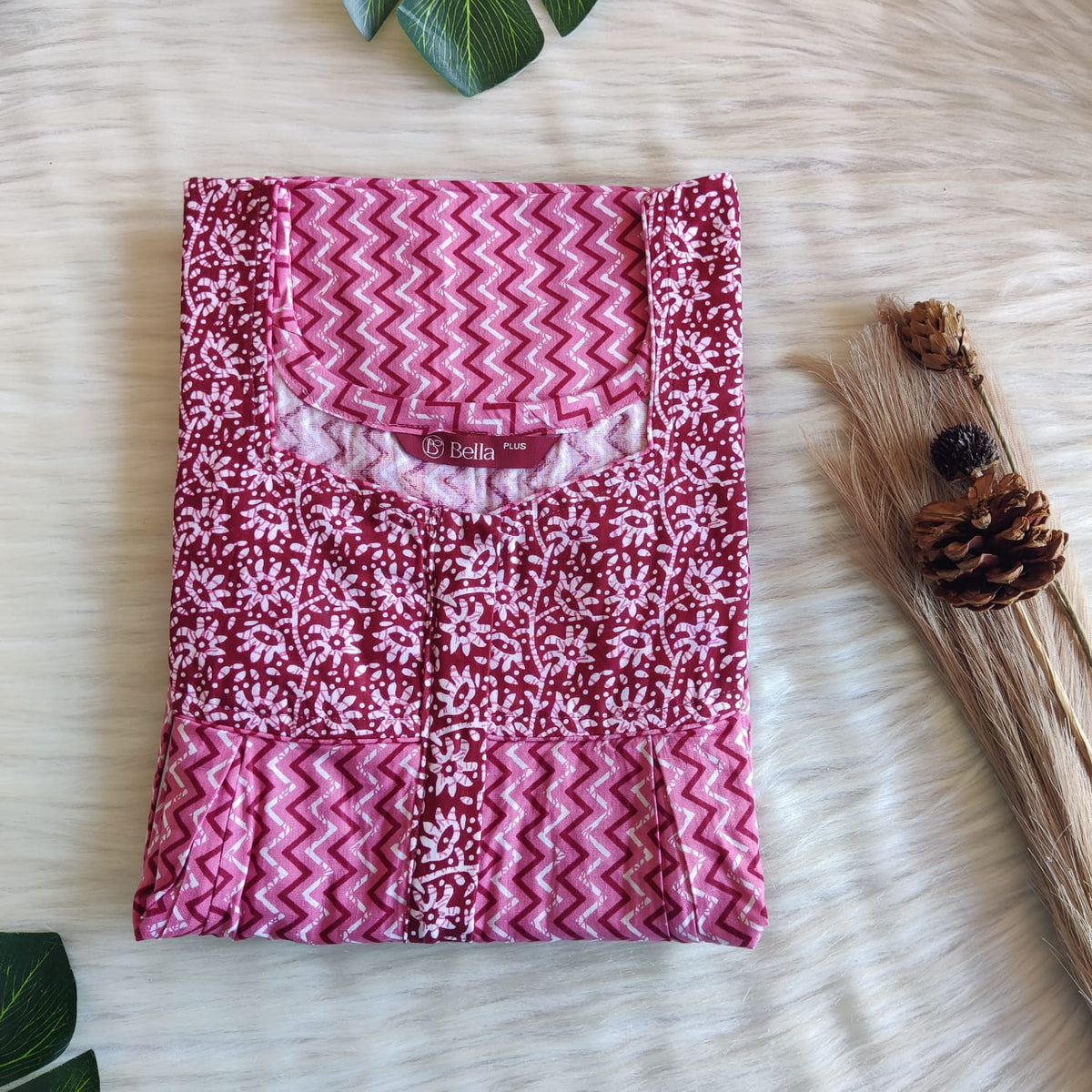 Maroon And Pink Zig Zag Printed Premium Cotton Plus Size Pleated Vertical Zip Feeding Nighty | Chest Width 50″| Length 56″