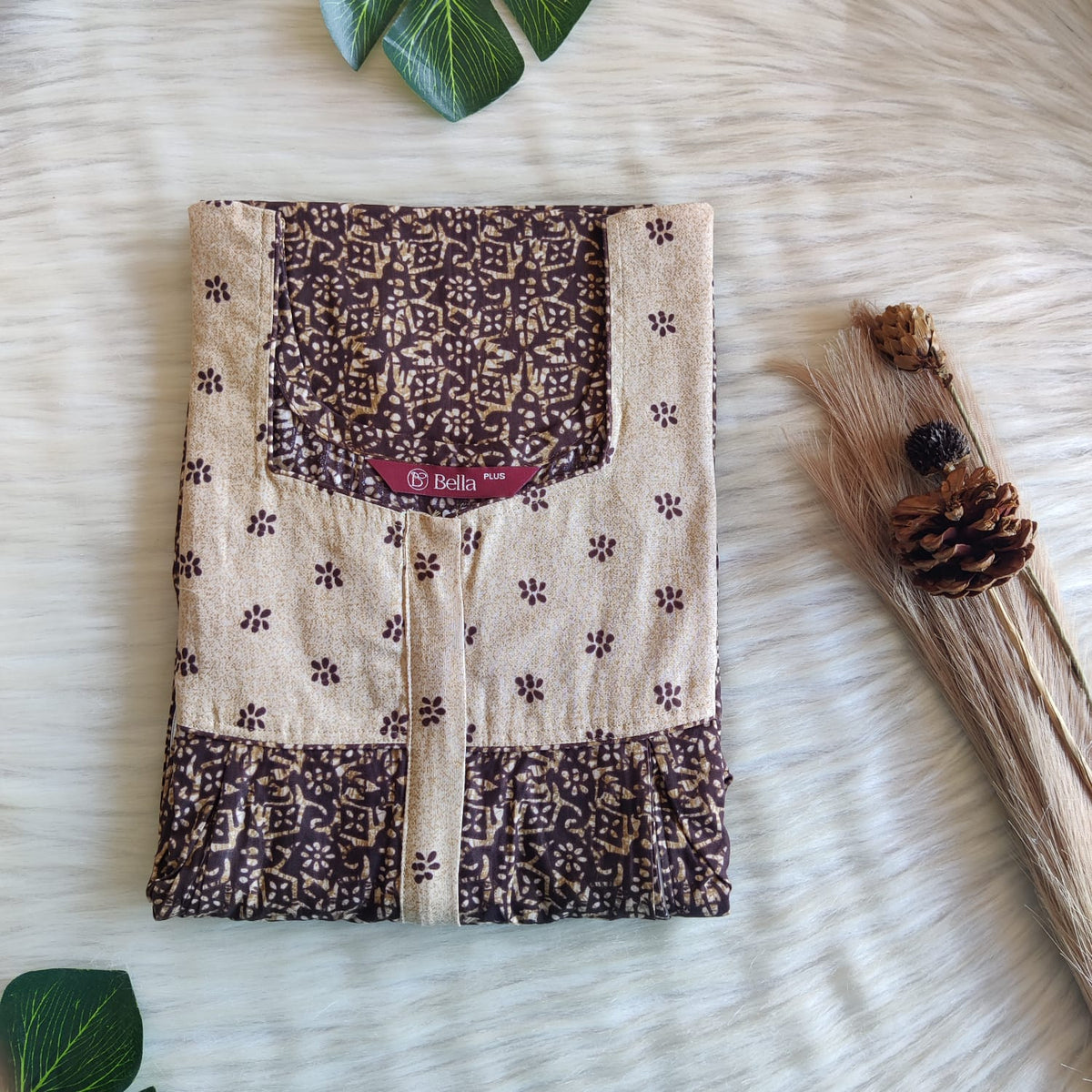 Cream And Brown Floral Printed Premium Cotton Plus Size Pleated Vertical Zip Feeding Nighty | Chest Width 50″| Length 56″