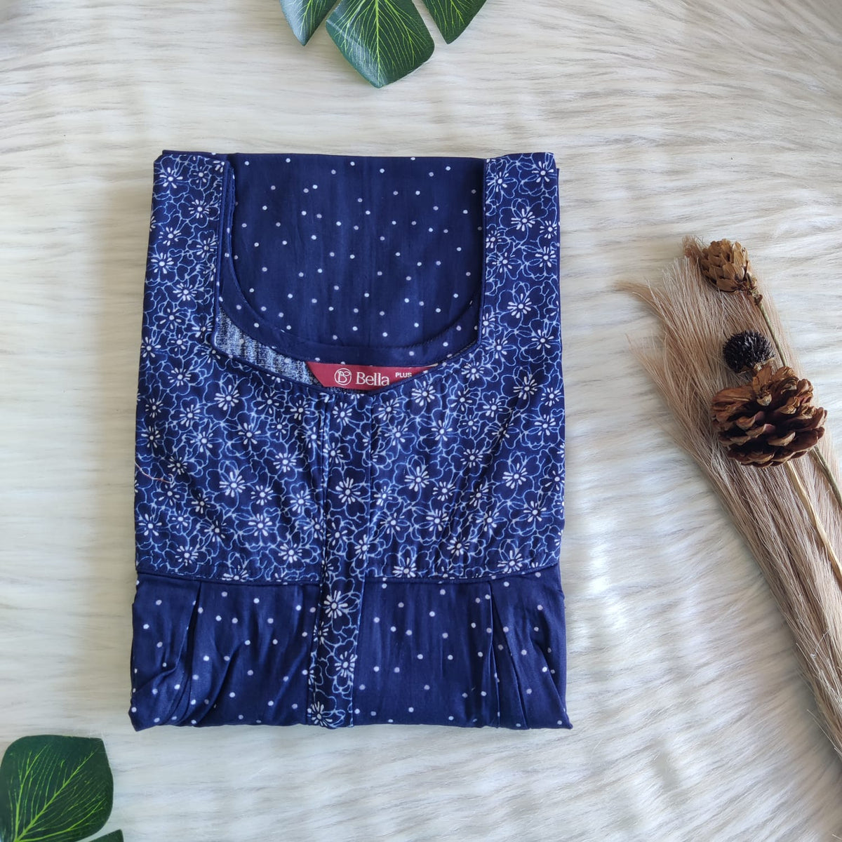 White And Navy Blue Dot Printed Premium Cotton Plus Size Pleated Vertical Zip Feeding Nighty | Chest Width 50″| Length 56″