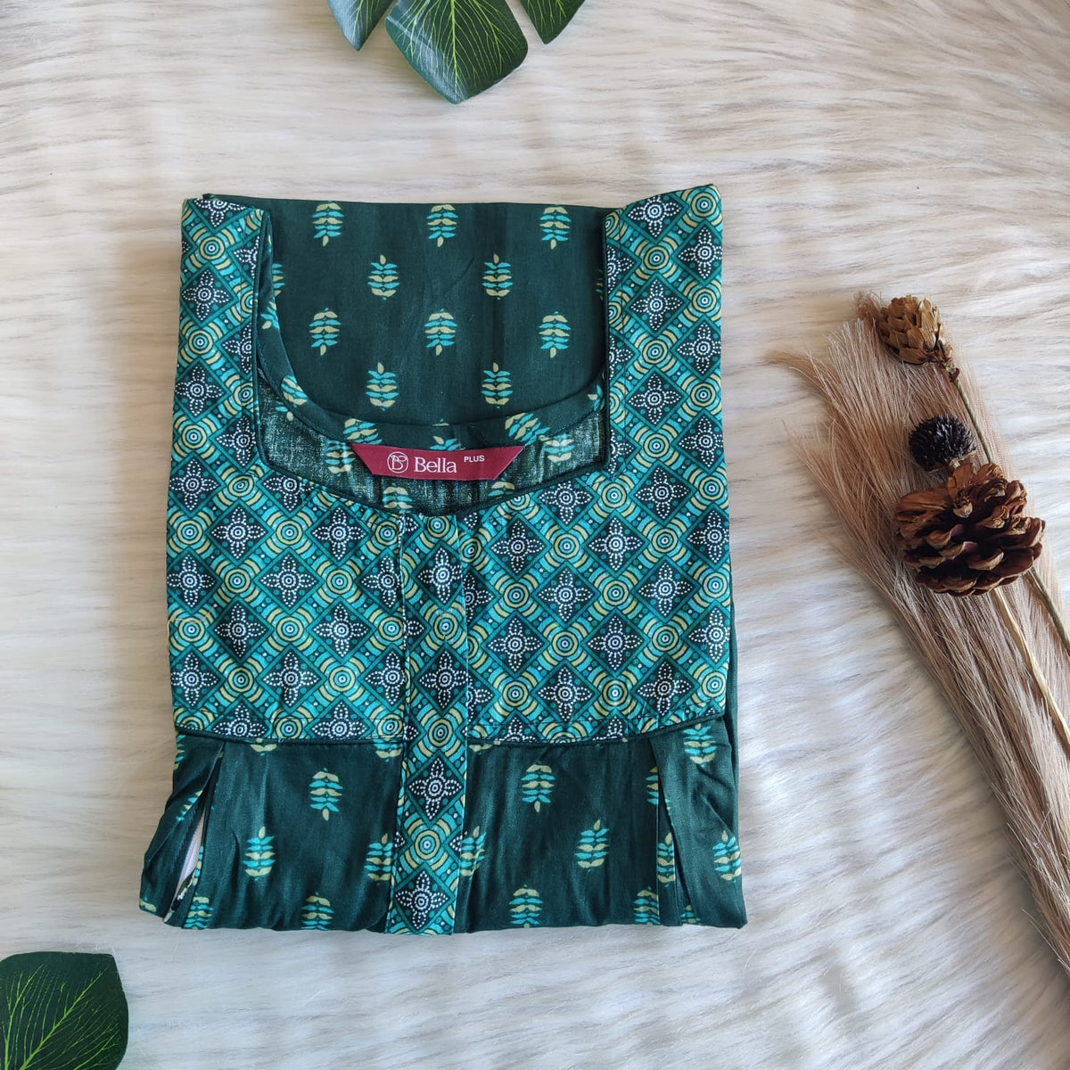 Pale And Dark Green Printed Premium Cotton Plus Size Pleated Vertical Zip Feeding Nighty | Chest Width 50″| Length 56″