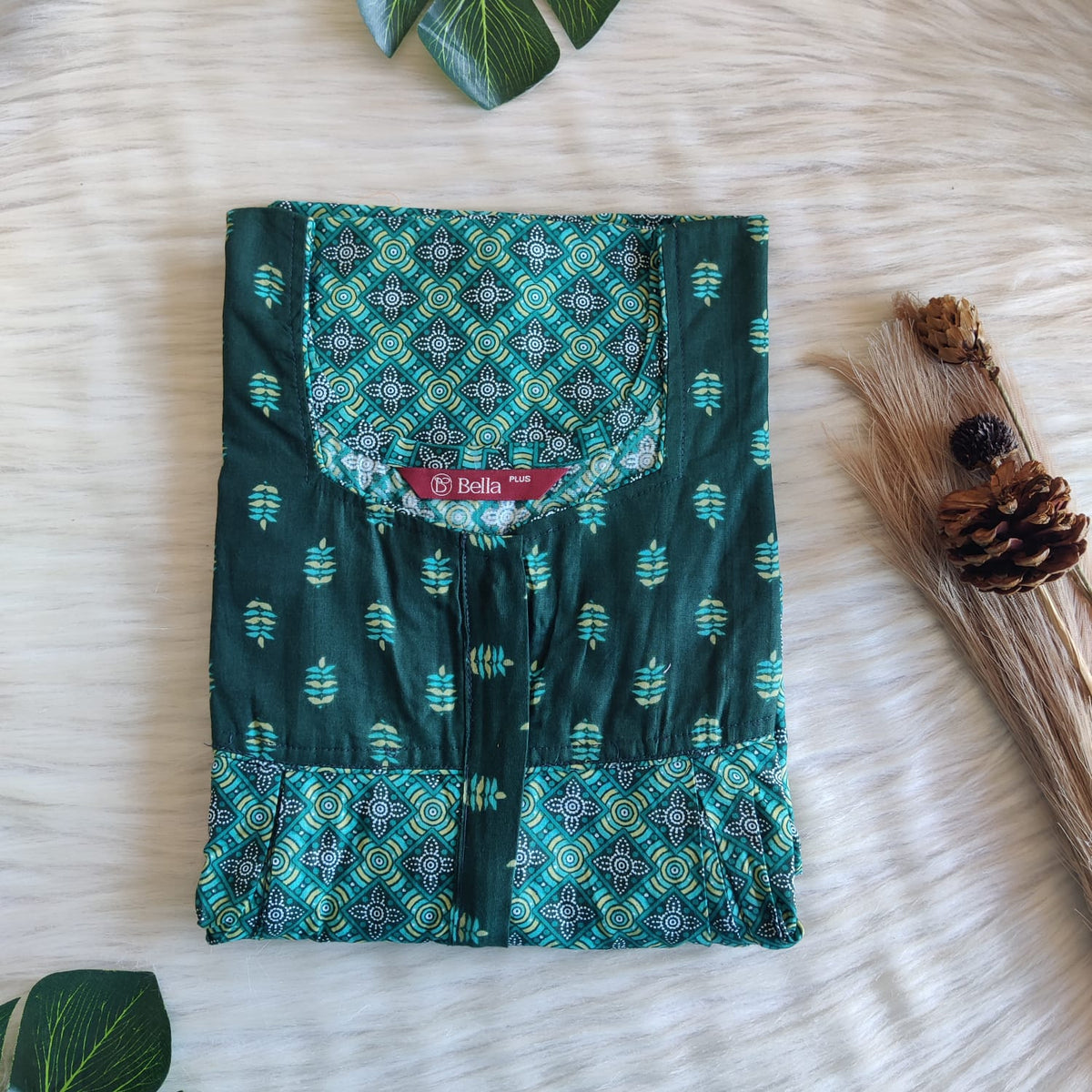 Dark And Pale Green Printed Premium Cotton Plus Size Pleated Vertical Zip Feeding Nighty | Chest Width 50″| Length 56″