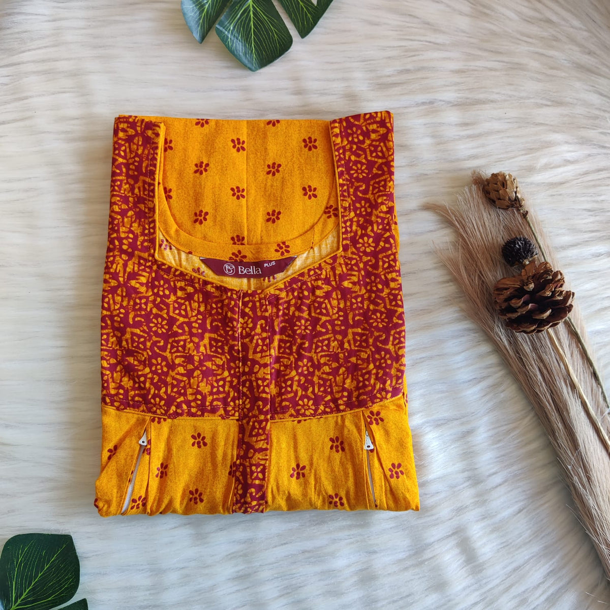 Maroon And Yellow Printed Premium Cotton Plus Size Pleated Vertical Zip Feeding Nighty | Chest Width 50″| Length 56″