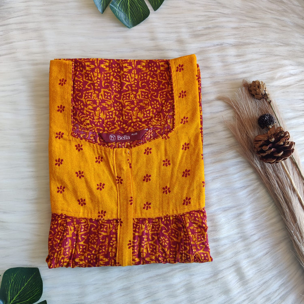 Yellow And Maroon Printed Premium Cotton Plus Size Pleated Vertical Zip Feeding Nighty | Chest Width 50″| Length 56″