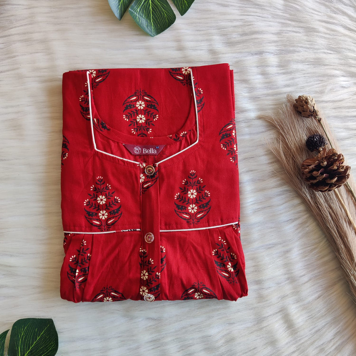 Red Printed Premium Cotton Button Zip Nighty | Free Size | Chest Width 44″| Length 55″-56″