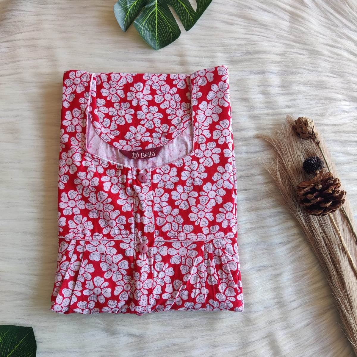 Red Floral Printed Premium Cotton Button Zip Nighty | Free Size | Chest Width 44″| Length 55″-56″