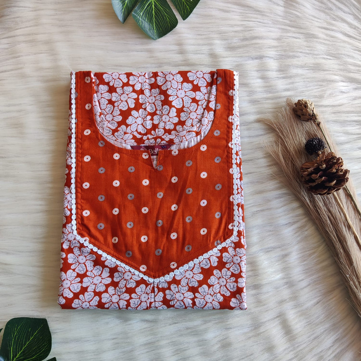 Brown And White Floral Printed Premium Cotton Mix N Match Lace Pocket Nighty | Free Size | Chest Width 44″| Length 56″