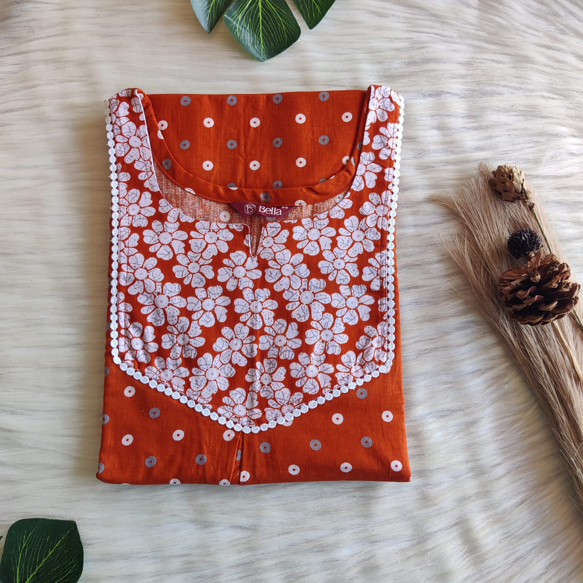 White And Brown Dot Printed Premium Cotton Mix N Match Lace Pocket Nighty | Free Size | Chest Width 44″| Length 56″