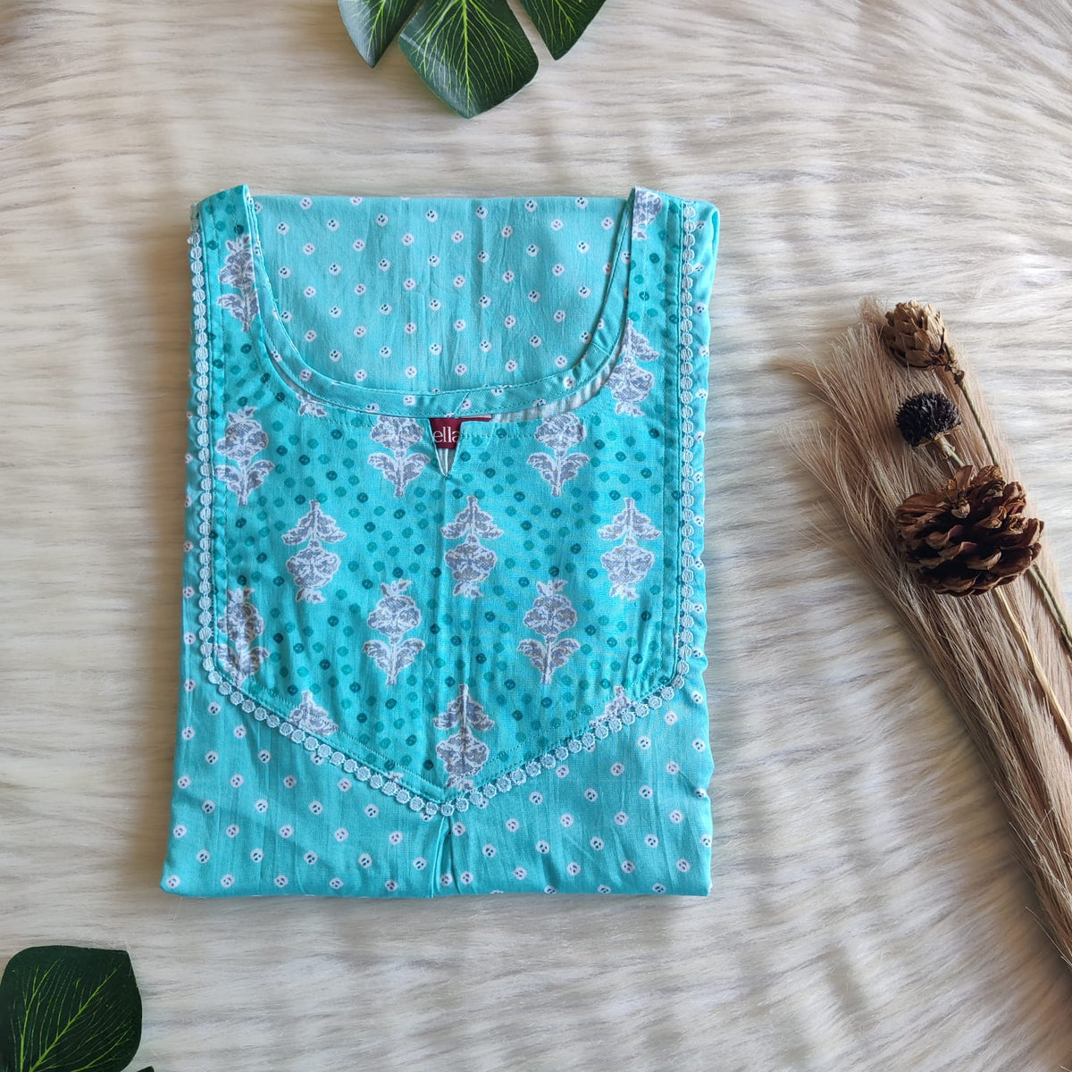 Grey And Aqua Blue Printed Premium Cotton Mix N Match Lace Pocket Nighty | Free Size | Chest Width 44″| Length 56″