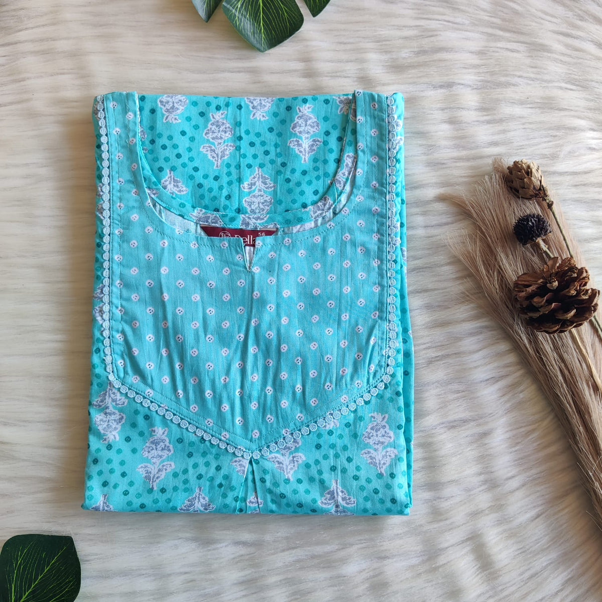Aqua Blue And Grey Floral Printed Premium Cotton Mix N Match Lace Pocket Nighty | Free Size | Chest Width 44″| Length 56″