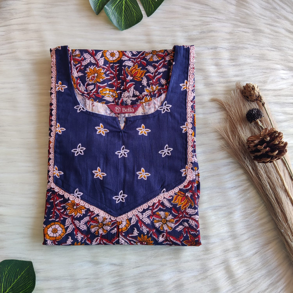 Navy Blue And Yellow Floral Printed Premium Cotton Mix N Match Lace Pocket Nighty | Free Size | Chest Width 44″| Length 56″