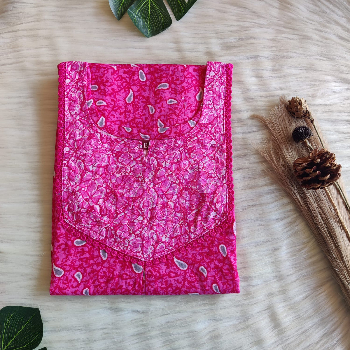 Pink And Grey Kalamkari Printed Premium Cotton Mix N Match Lace Pocket Nighty | Free Size | Chest Width 44″| Length 56″
