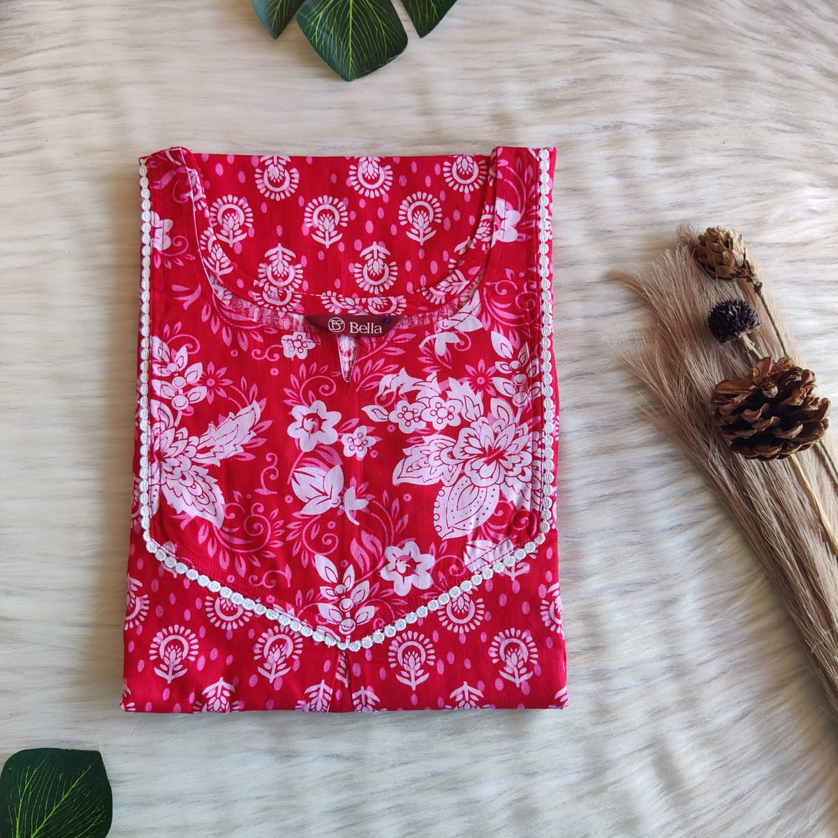 White And Red Printed Premium Cotton Mix N Match Lace Pocket Nighty | Free Size | Chest Width 44″| Length 56″