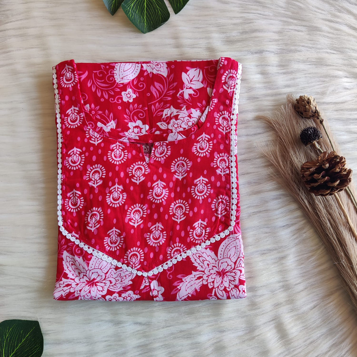 Red And White Floral Printed Premium Cotton Mix N Match Lace Pocket Nighty | Free Size | Chest Width 44″| Length 56″