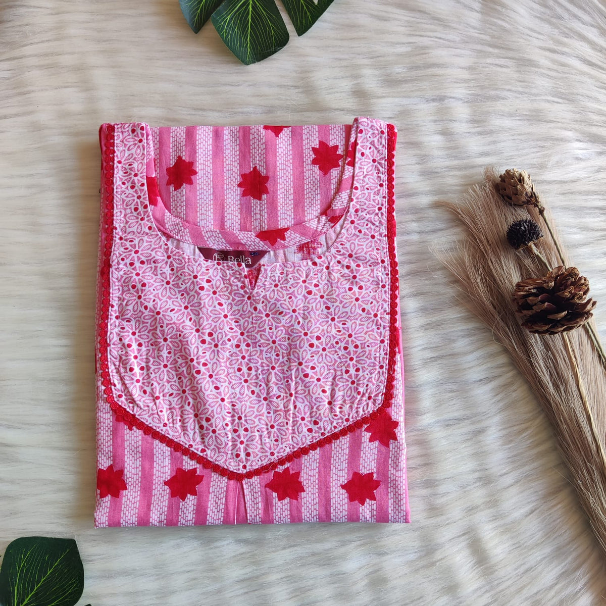 Pink And Red Floral Printed Premium Cotton Mix N Match Lace Pocket Nighty | Free Size | Chest Width 44″| Length 56″