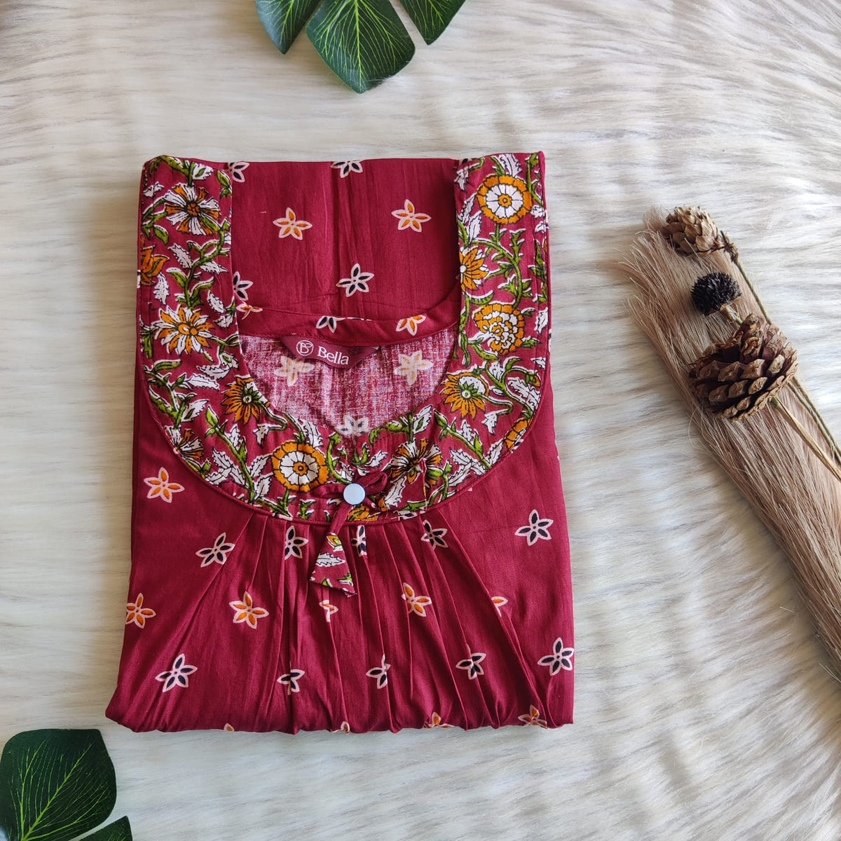 Green And Maroon Printed Premium Cotton No Zip Pleated Nighty | Free Size | Chest Width 44″| Length 55″-56″
