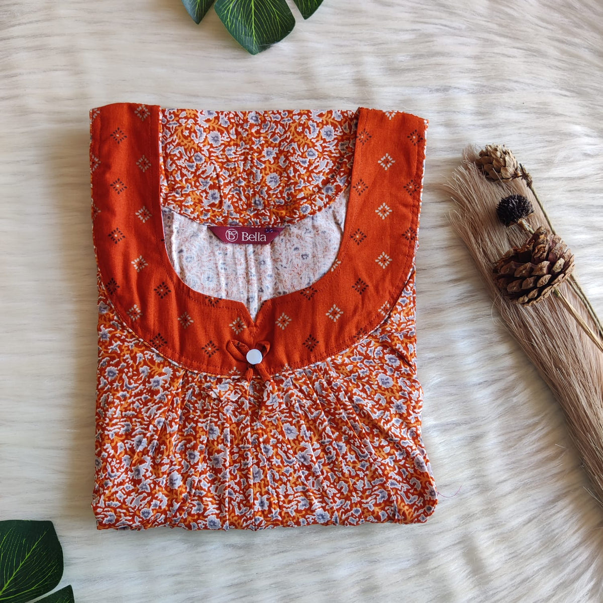 Burnt Orange And Grey  Printed Premium Cotton No Zip Pleated Nighty | Free Size | Chest Width 44″| Length 55″-56″
