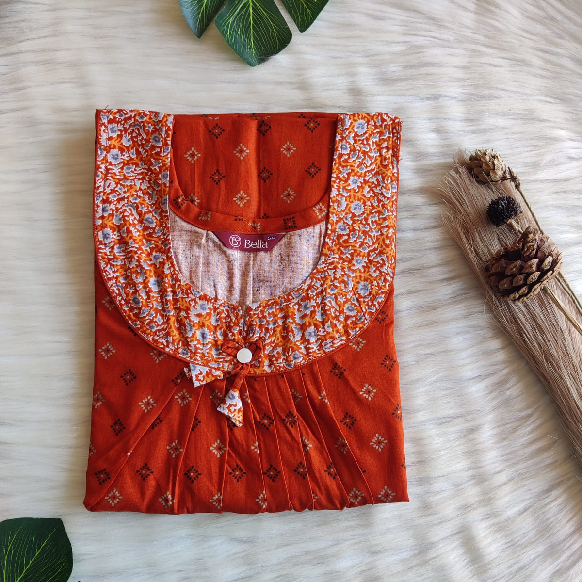 Grey And Burnt Orange Printed Premium Cotton No Zip Pleated Nighty | Free Size | Chest Width 44″| Length 55″-56″