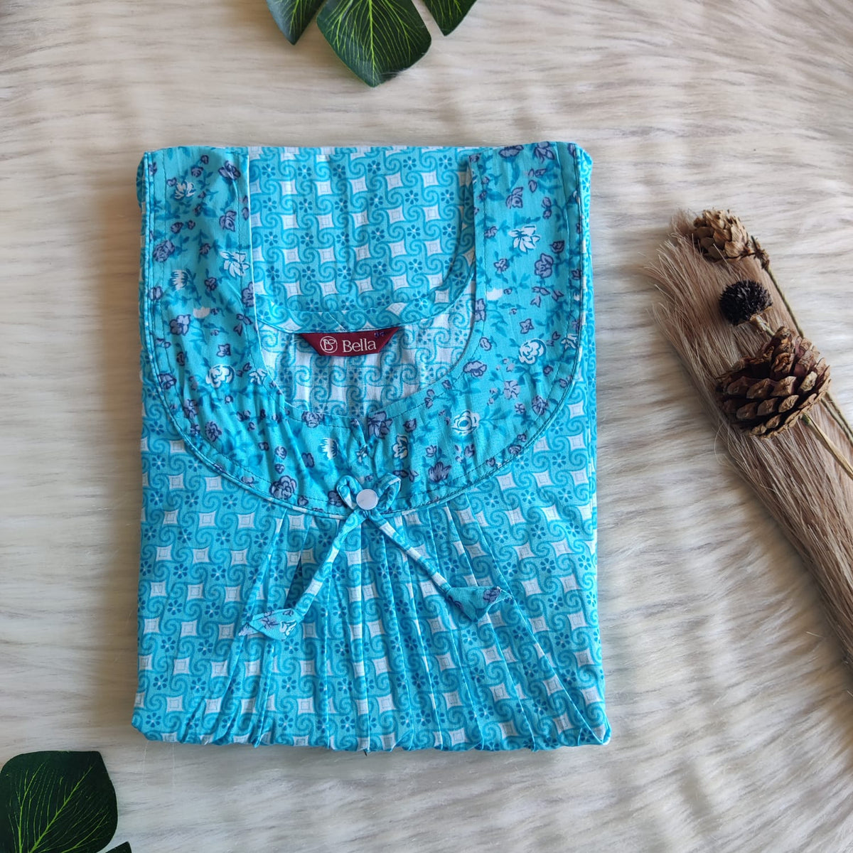 Blue And White Printed Premium Cotton No Zip Pleated Nighty | Free Size | Chest Width 44″| Length 55″-56″