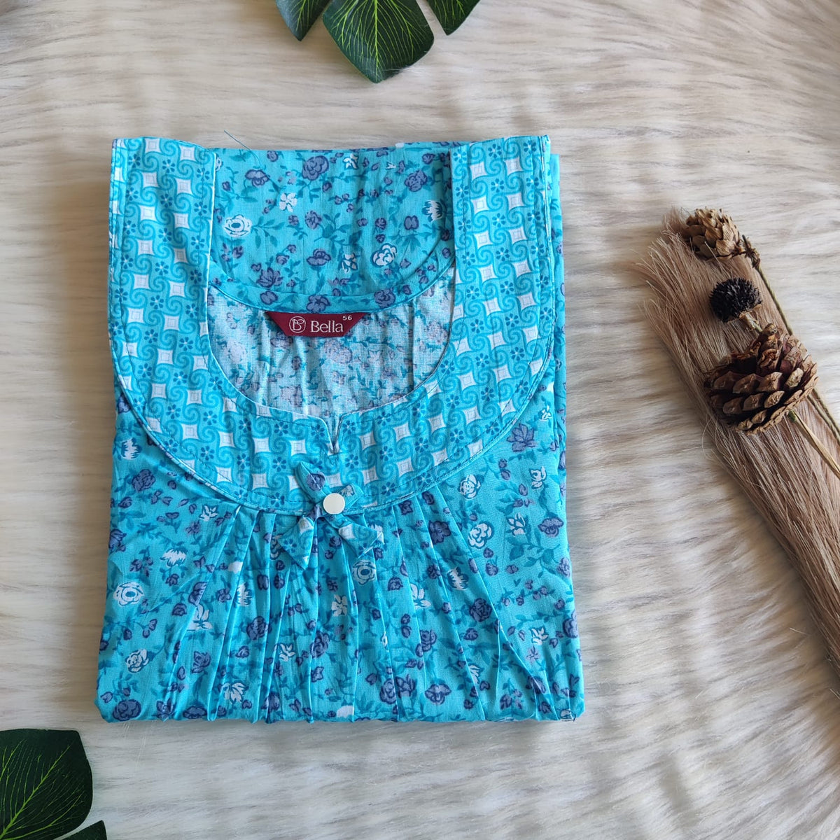 White And Blue Printed Premium Cotton No Zip Pleated Nighty | Free Size | Chest Width 44″| Length 55″-56″