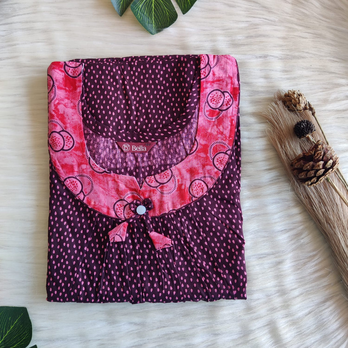 Peach And Coffee Brown Printed Premium Cotton No Zip Pleated Nighty | Free Size | Chest Width 44″| Length 55″-56″