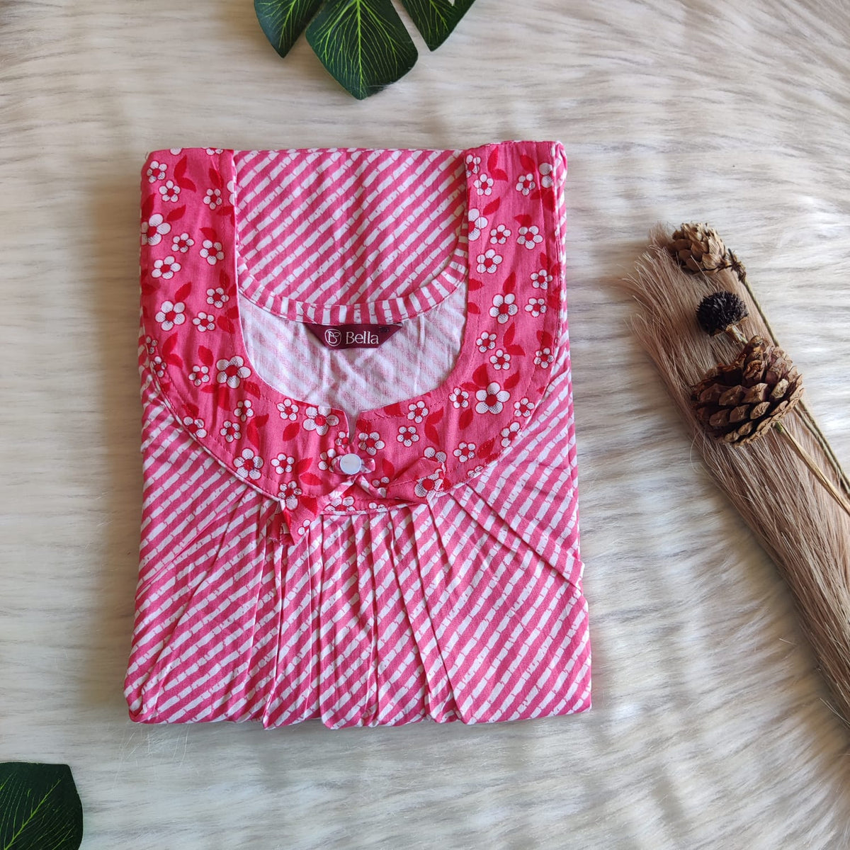 Pink And White Stripes Printed Premium Cotton No Zip Pleated Nighty | Free Size | Chest Width 44″| Length 55″-56″