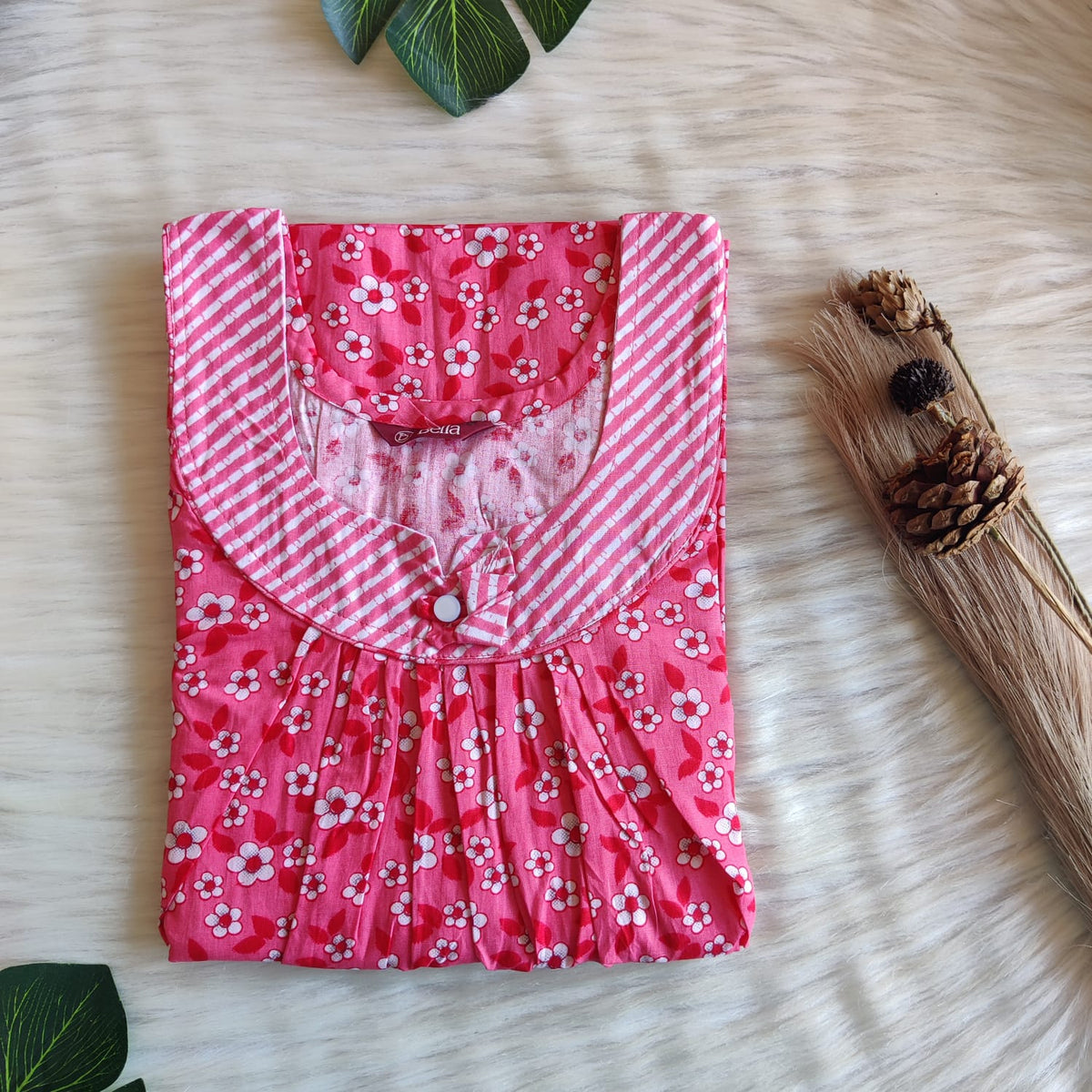 White And Pink Floral Printed Premium Cotton No Zip Pleated Nighty | Free Size | Chest Width 44″| Length 55″-56″