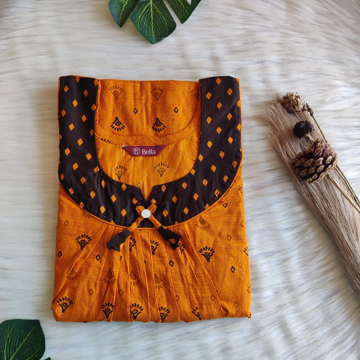 Coffee Brown And Marigold Orange Printed Premium Cotton No Zip Pleated Nighty | Free Size | Chest Width 44″| Length 55″-56″