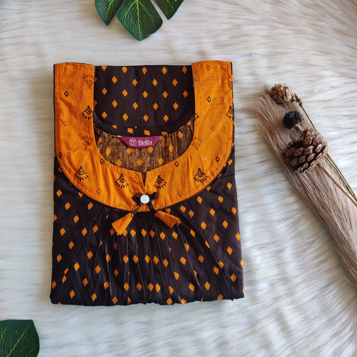 Marigold Orange And Coffee Brown Printed Premium Cotton No Zip Pleated Nighty | Free Size | Chest Width 44″| Length 55″-56″
