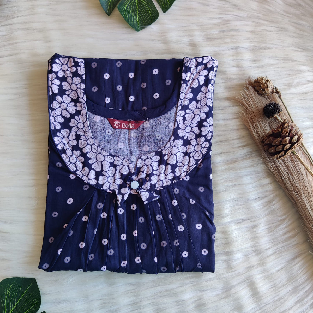 White And Navy Blue Dot Printed Premium Cotton No Zip Pleated Nighty | Free Size | Chest Width 44″| Length 55″-56″