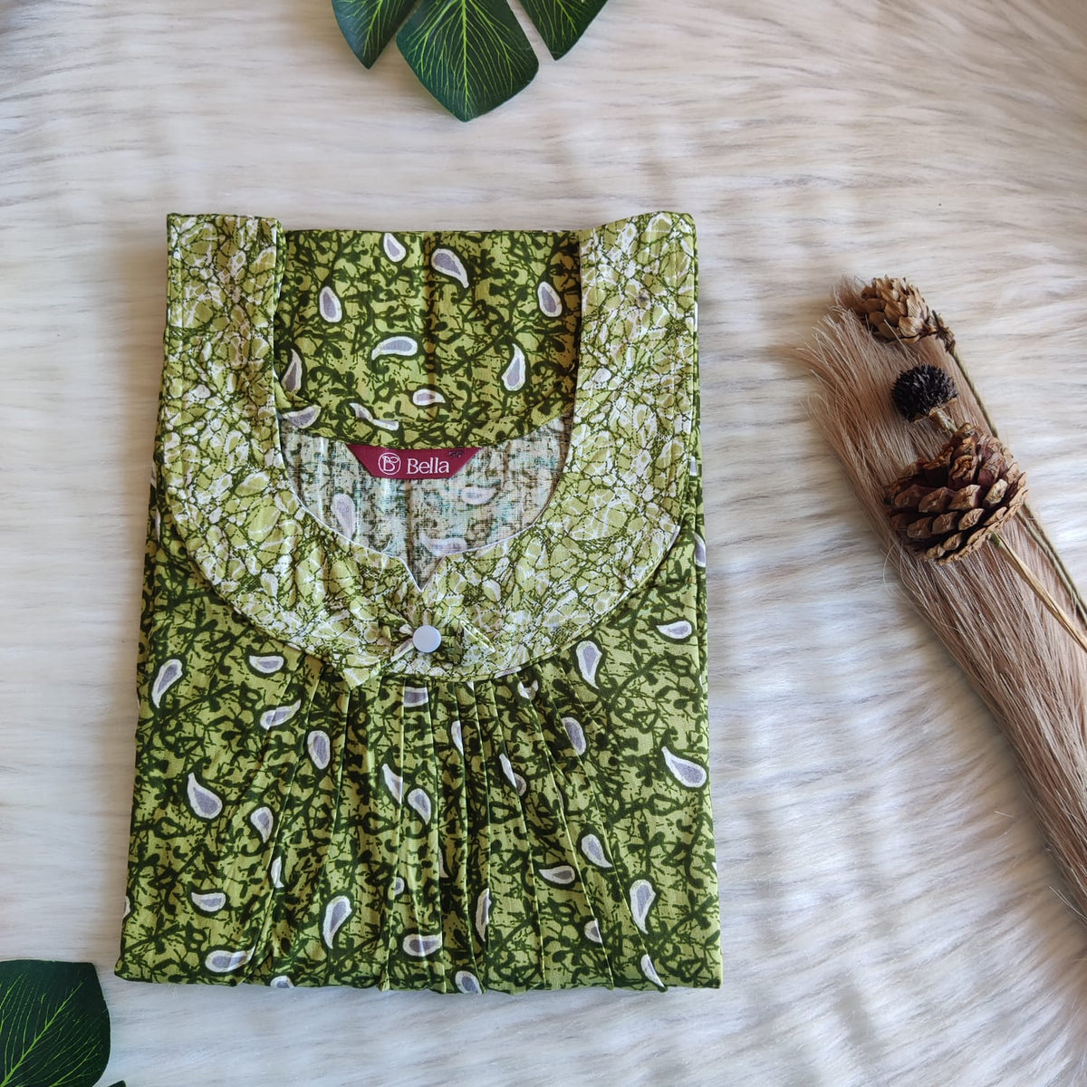 Green And Grey Printed Premium Cotton No Zip Pleated Nighty | Free Size | Chest Width 44″| Length 55″-56″