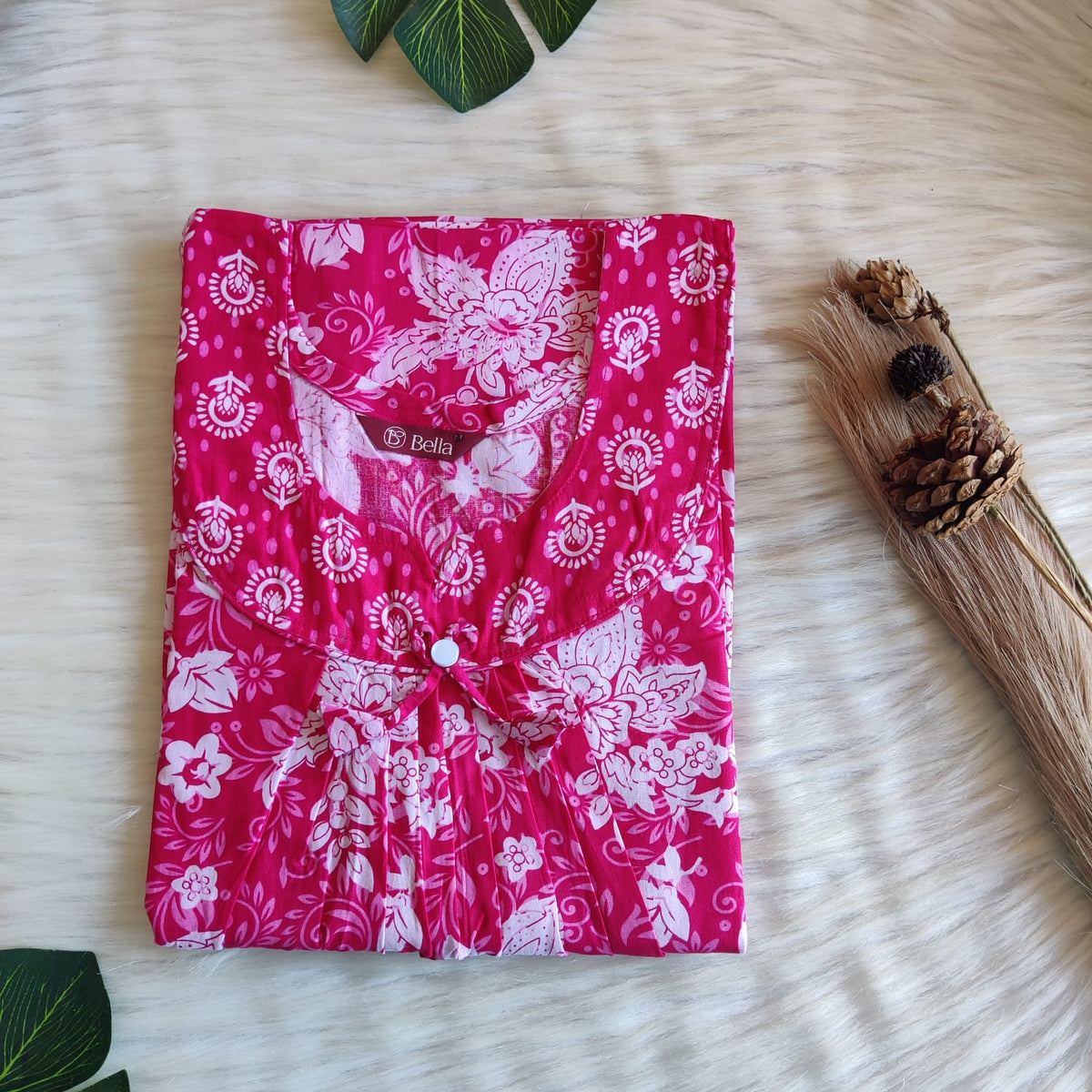 Pink And White Floral Printed Premium Cotton No Zip Pleated Nighty | Free Size | Chest Width 44″| Length 55″-56″