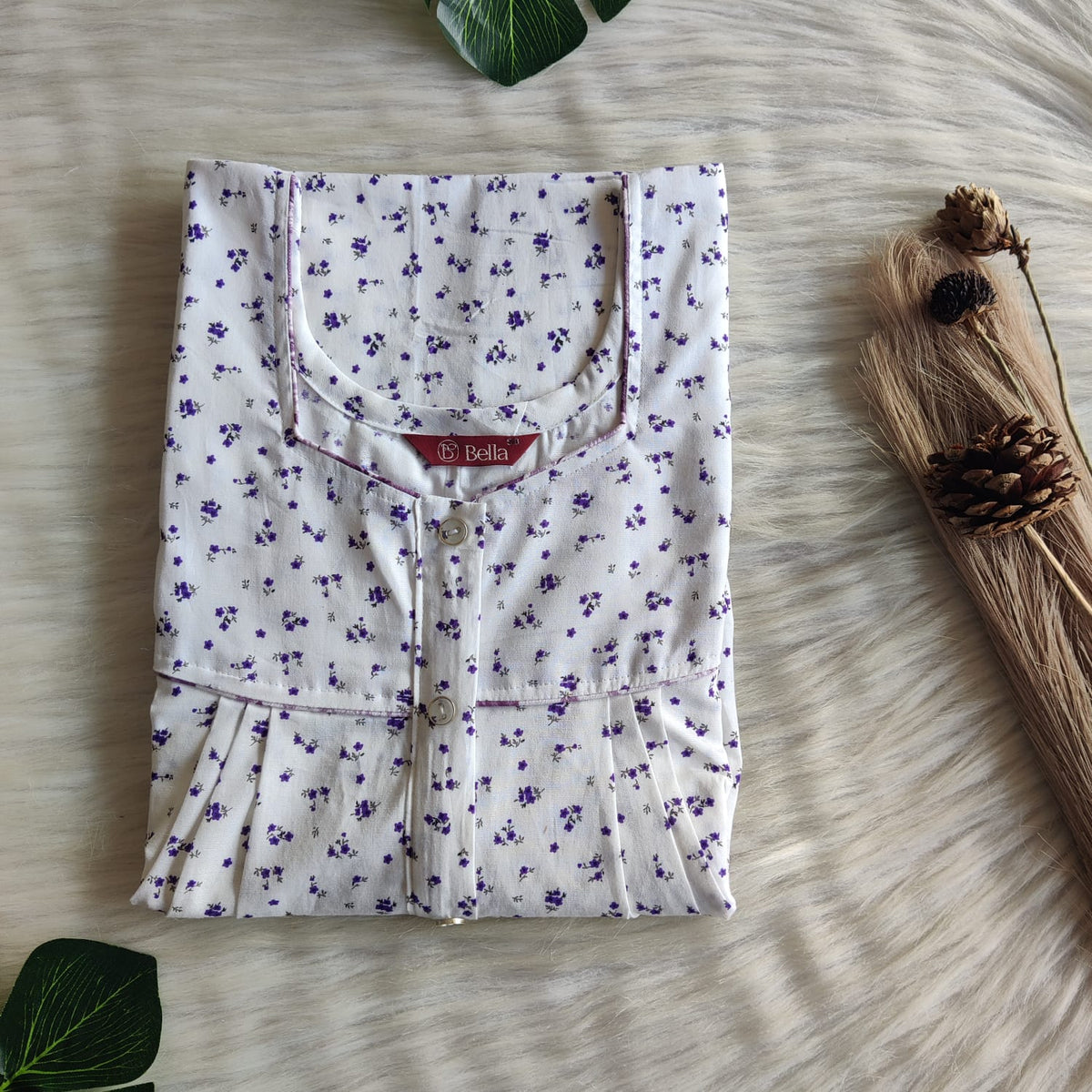 Purple Floral Printed White Premium Cotton Button Zip Nighty | Free Size | Chest Width 44″| Length 55″-56″